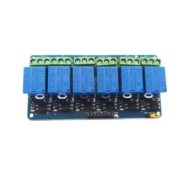 <div> <div>6 Channel Relay Board 5V - It is a 5V 6 Channel Low-Level Relay Module with Light Coupling. The relay normally open interface maximum load: AC 250V/10A, DC 30V/10A. With optocoupler isolation, strong drive capability, stable performance; trigger current 5mA, module working voltage: DC 5V. Each channel of the module can be triggered by a jumper to set a high level or a low level. Fault-tolerant design, even if the control line is disconnected, the relay will not move. With status indicator: power (green), 6-channel relay status indicator (red). All module-size interfaces can be directly connected through the terminal block, which is convenient and practical.</div> <h3>6 Channel Relay Board 5V - Features</h3> </div> <ul> <li>Operating Voltage: 5V DC</li> <li>Max. Current: 20 mA</li> <li>Channel: 6</li> <li>Current Capacity at AC250V: 10A</li> <li>Current Capacity at DC30V: 10A</li> </ul>